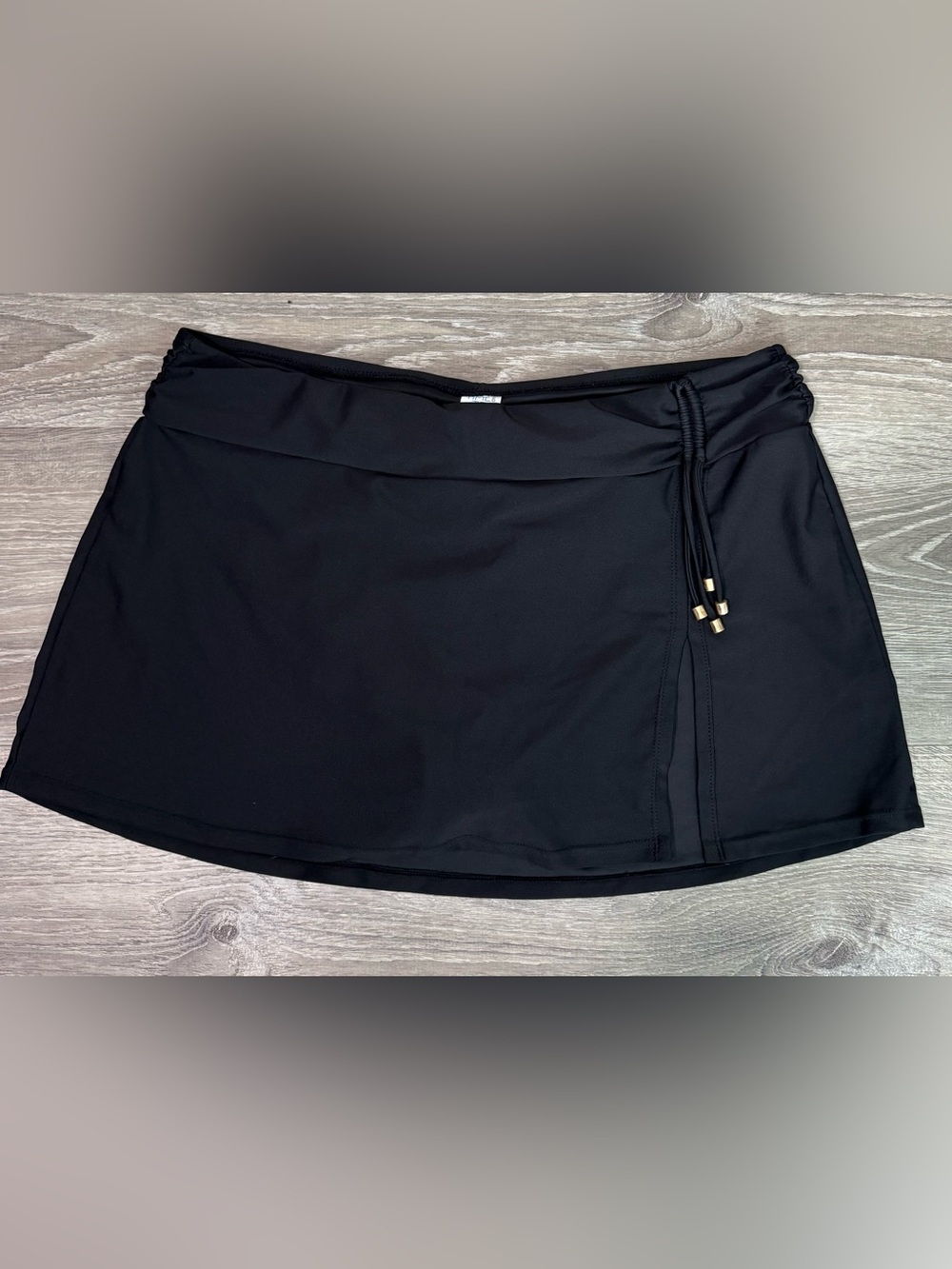 Time and Tru Black  swim skirt with Side Tie and Gold Accent